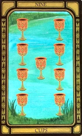 Nine of Cups card from The Golden Tarot by Liz Dean