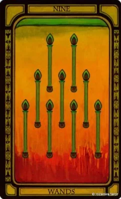Nine of Wands card from The Golden Tarot by Liz Dean