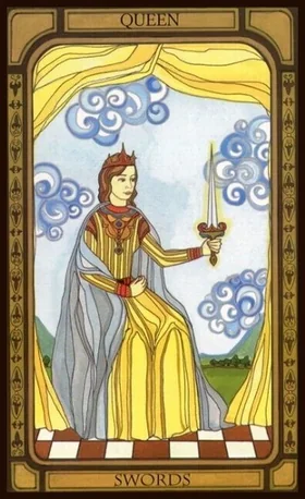 Queen of Swords card from The Golden Tarot by Liz Dean