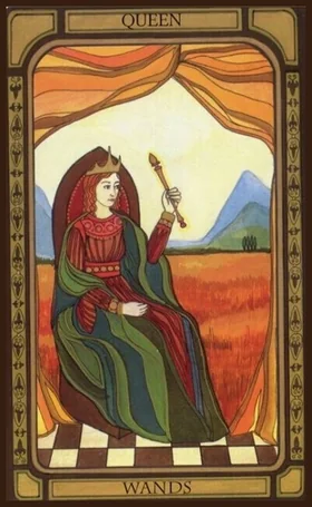 Queen of Wands card from The Golden Tarot by Liz Dean