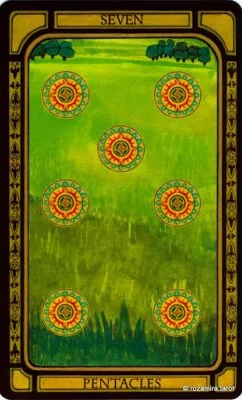 Seven of Pentacles card from The Golden Tarot by Liz Dean