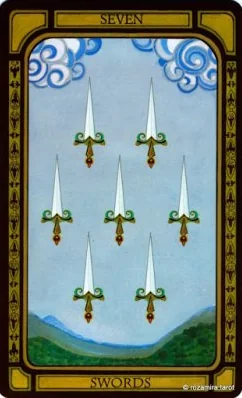 Seven of Swords card from The Golden Tarot by Liz Dean