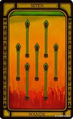 Seven of Wands card from The Golden Tarot by Liz Dean