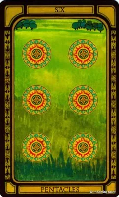 Six of Pentacles card from The Golden Tarot by Liz Dean