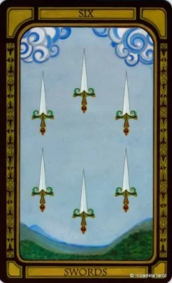 Six of Swords card from The Golden Tarot by Liz Dean