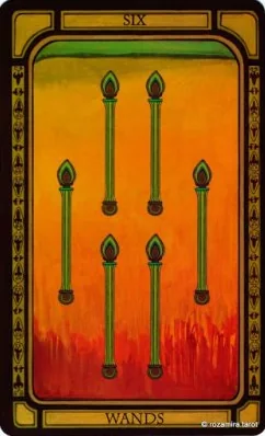 Six of Wands card from The Golden Tarot by Liz Dean