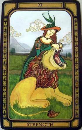 Strength card from The Golden Tarot by Liz Dean
