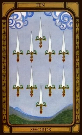 Ten of Swords card from The Golden Tarot by Liz Dean