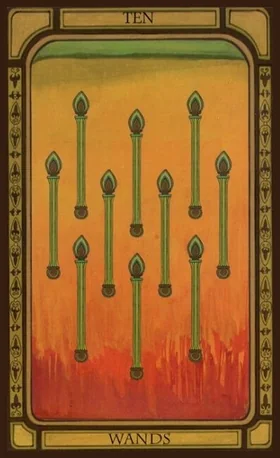 Ten of Wands card from The Golden Tarot by Liz Dean