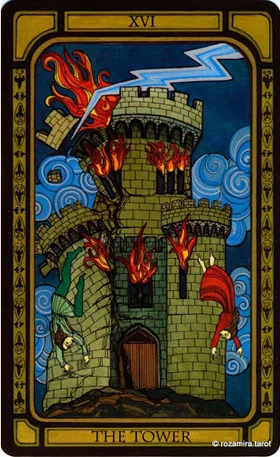 The Tower card from The Golden Tarot by Liz Dean