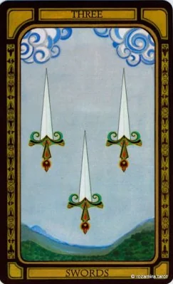 Three of Swords card from The Golden Tarot by Liz Dean