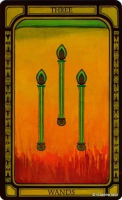 Three of Wands card from The Golden Tarot by Liz Dean