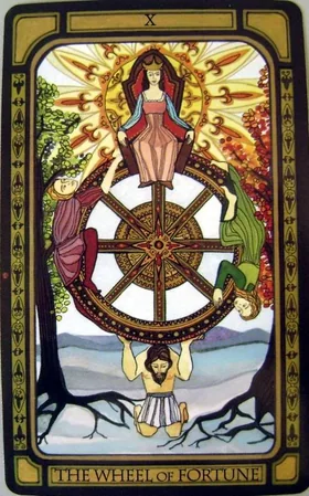 Wheel of Fortune card from The Golden Tarot by Liz Dean