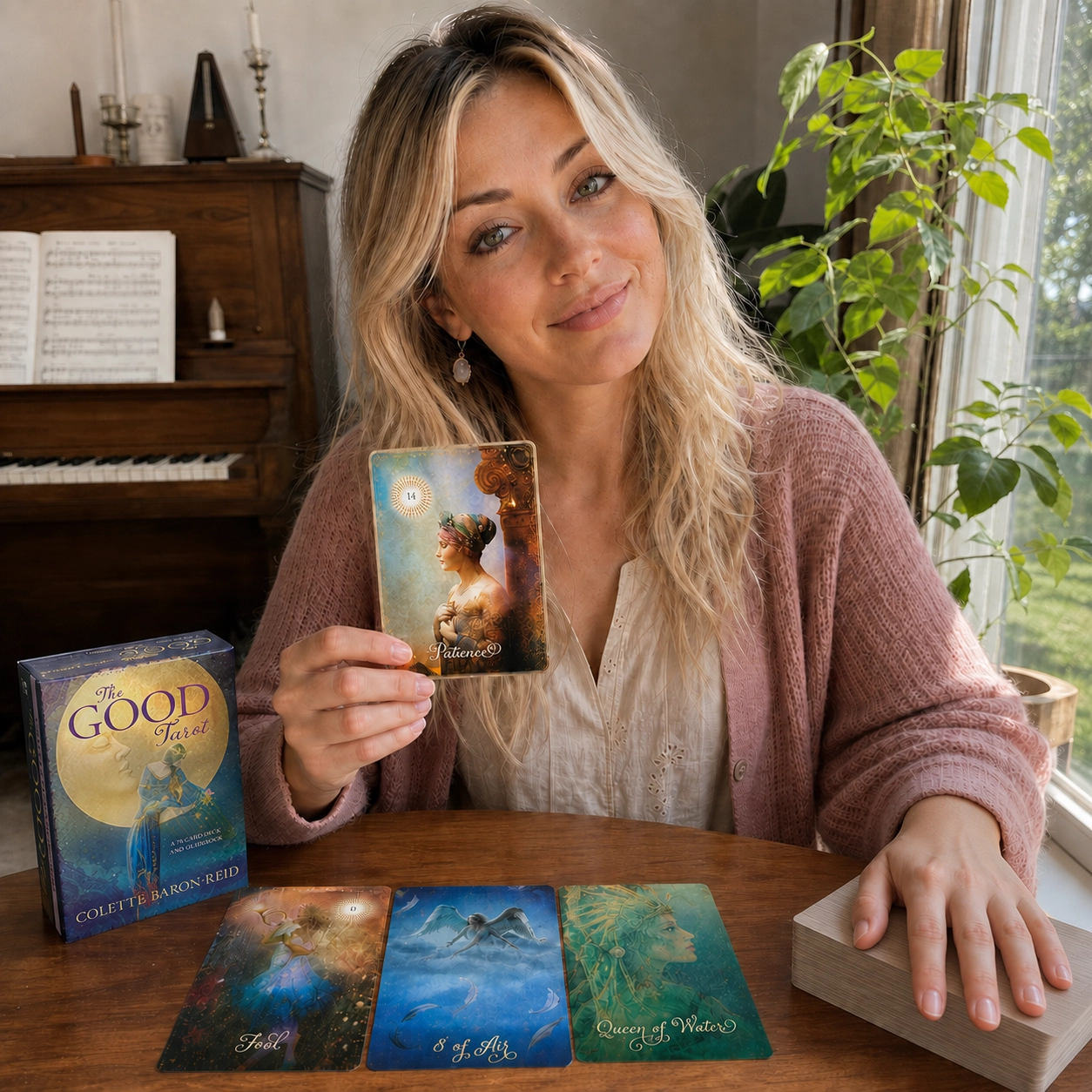 Aurica presenting Patience from The Good Tarot beside its box, a three-card spread, and the stacked deck