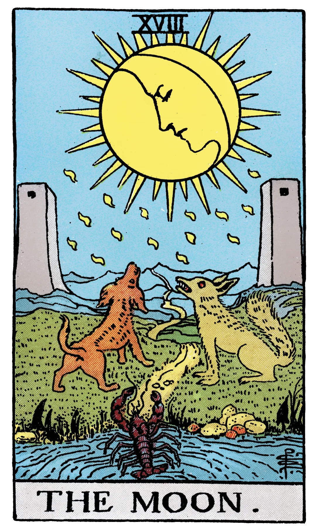 The Moon card from the Rider-Waite-Smith Tarot deck by Rider
