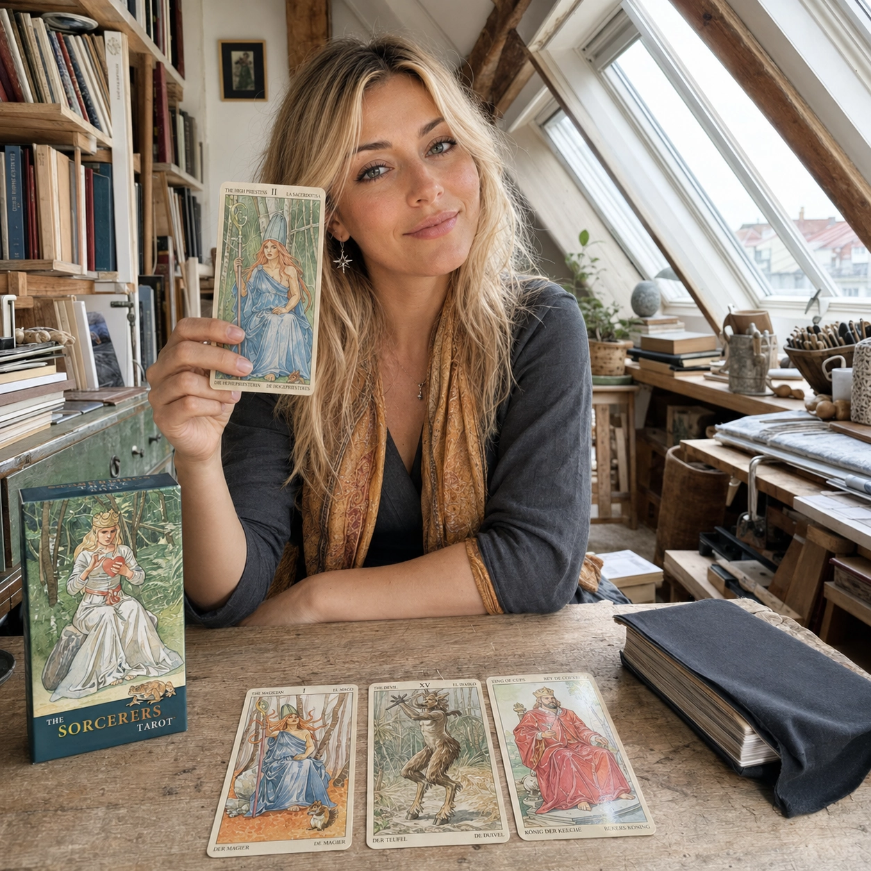 Aurica presenting The High Priestess from The Sorcerers Tarot beside the deck box, a three-card spread, and the stacked deck