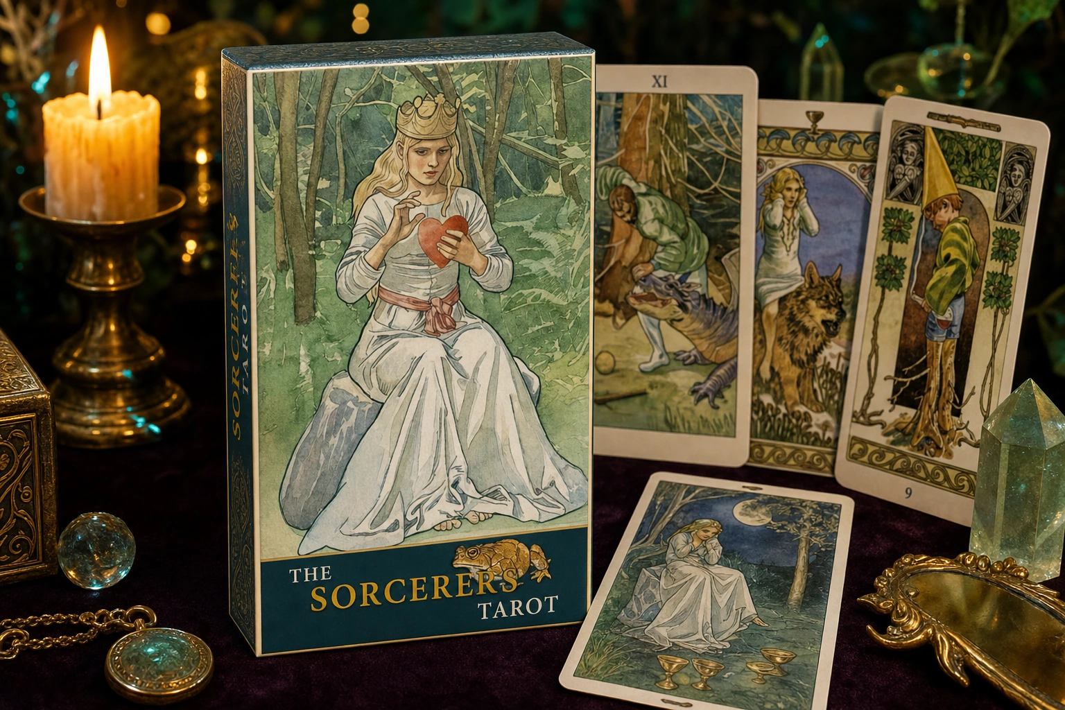 The Sorcerers Tarot GPT Image 2 box art product render in a storybook TarotFans review scene