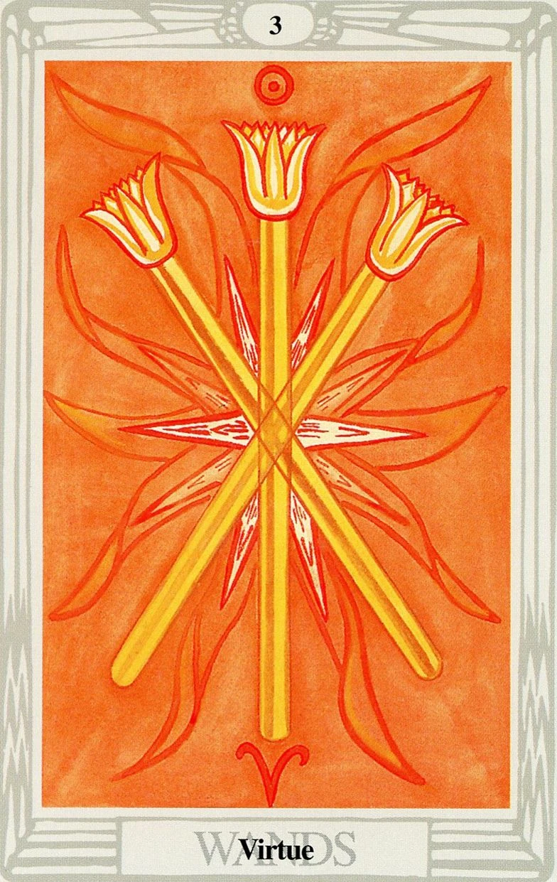 Three of Wands — Virtue card from the Thoth Tarot deck