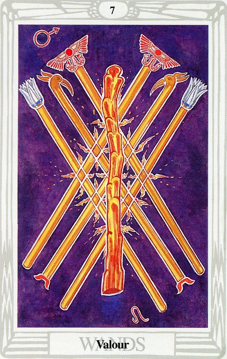 Seven of Wands — Valour card from the Thoth Tarot deck