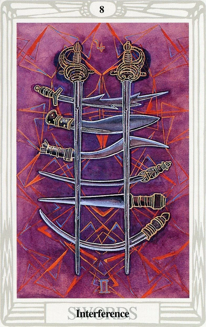 The Thoth Tarot Review 10 Eight of Swords — Interference card from the Thoth Tarot deck