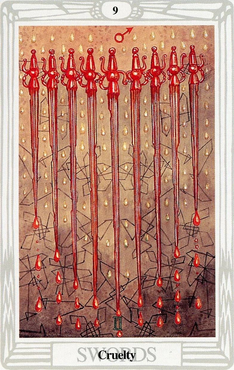 Nine of Swords — Cruelty card from the Thoth Tarot deck