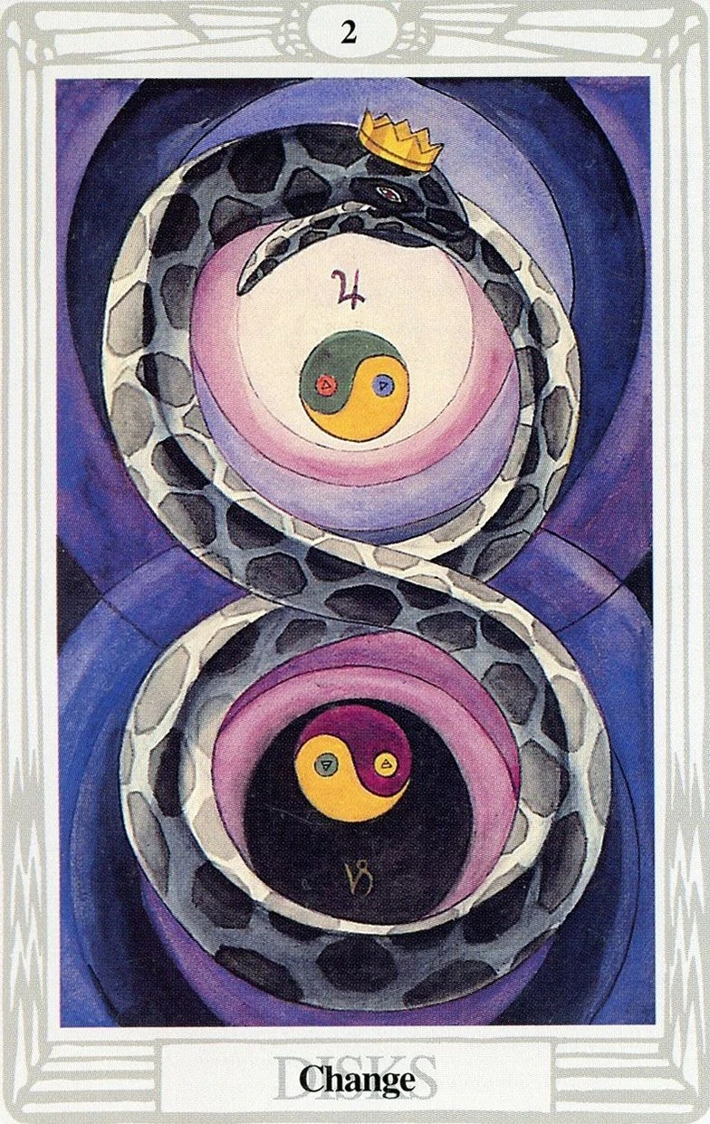 The Thoth Tarot Review 13 Two of Disks — Change card from the Thoth Tarot deck