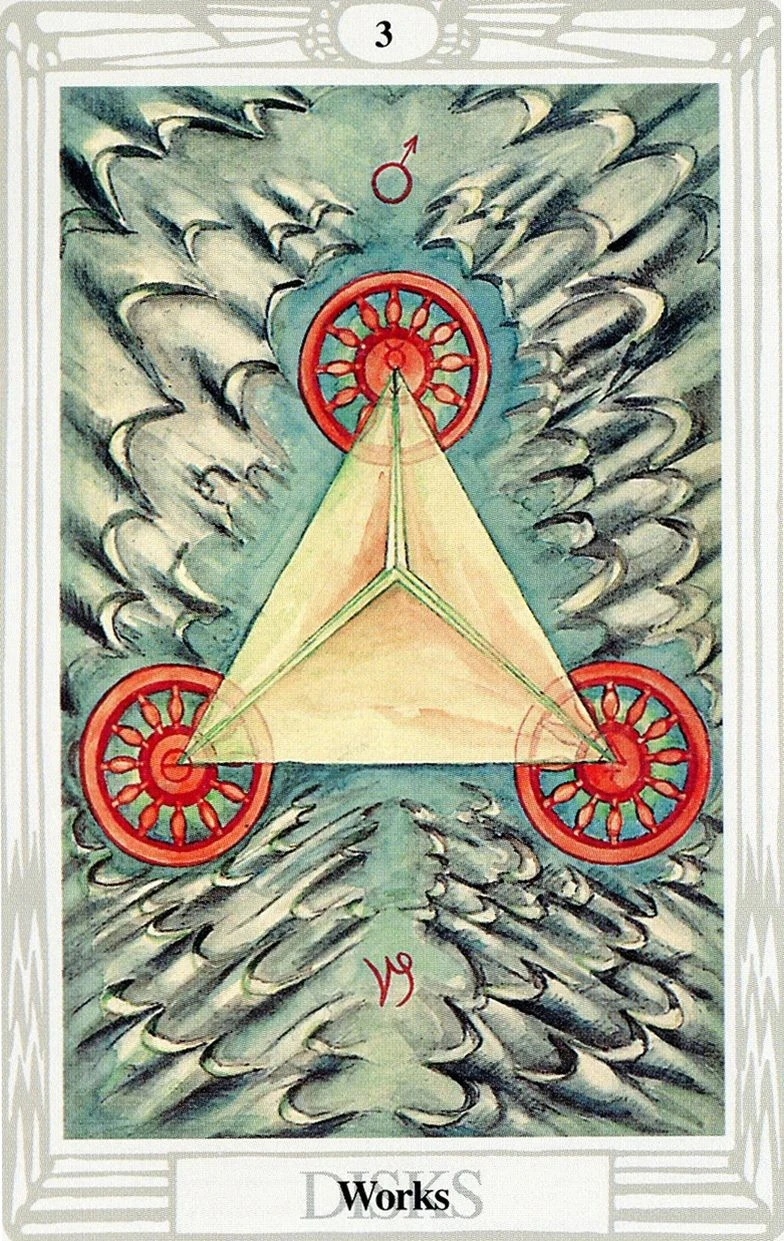 Three of Disks — Works card from the Thoth Tarot deck
