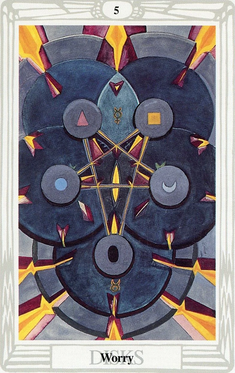 Five of Disks — Worry card from the Thoth Tarot deck