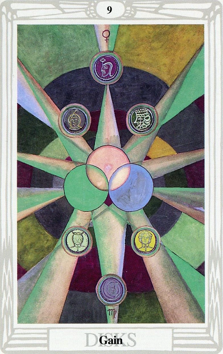 The Thoth Tarot Review 15 Nine of Disks — Gain card from the Thoth Tarot deck