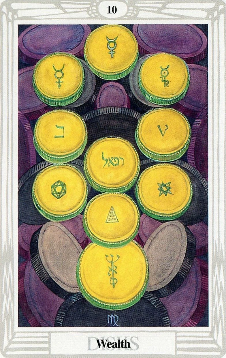 The Thoth Tarot Review 16 Ten of Disks — Wealth card from the Thoth Tarot deck