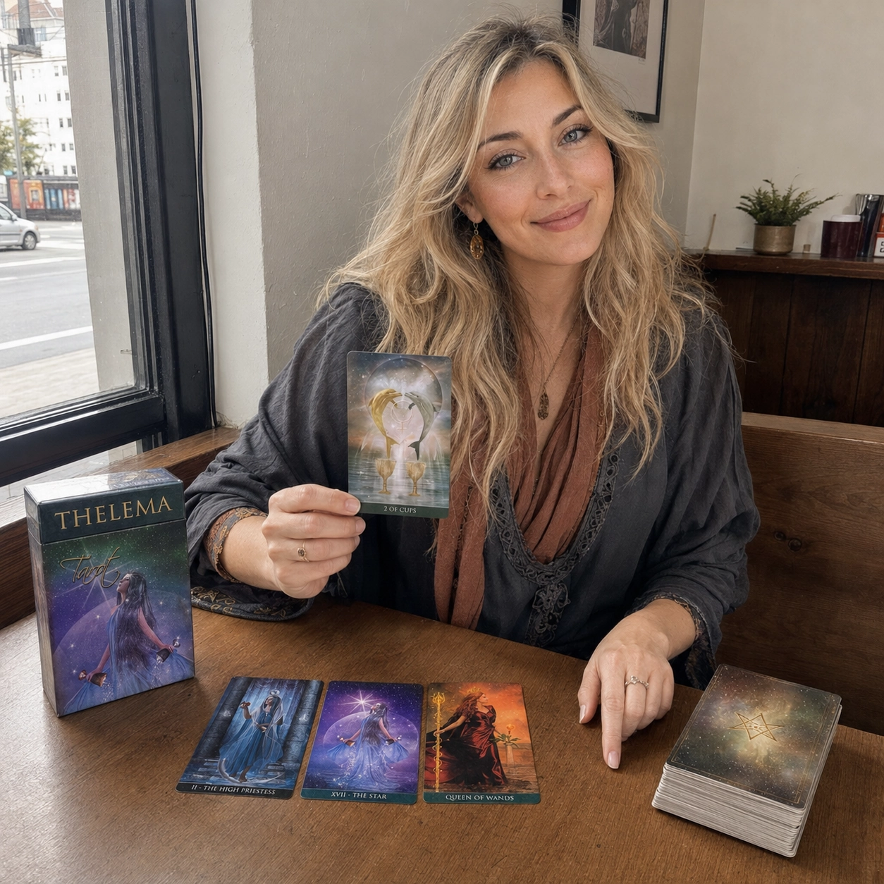 Aurica presenting the Two of Cups from Thelema Tarot beside its box, a three-card spread, and the stacked deck