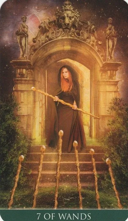 7 of Wands card from the Thelema Tarot deck
