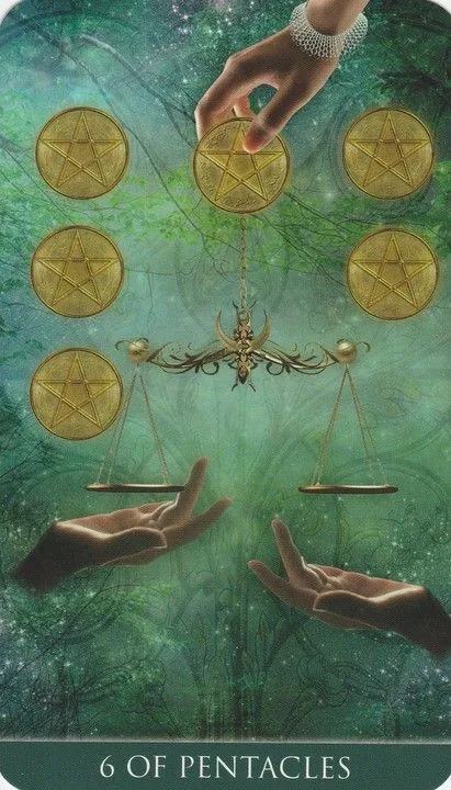 6 of Pentacles card from the Thelema Tarot deck