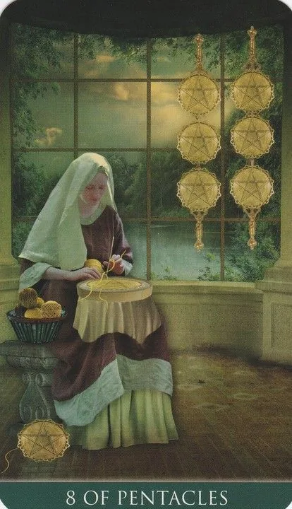 8 of Pentacles card from the Thelema Tarot deck