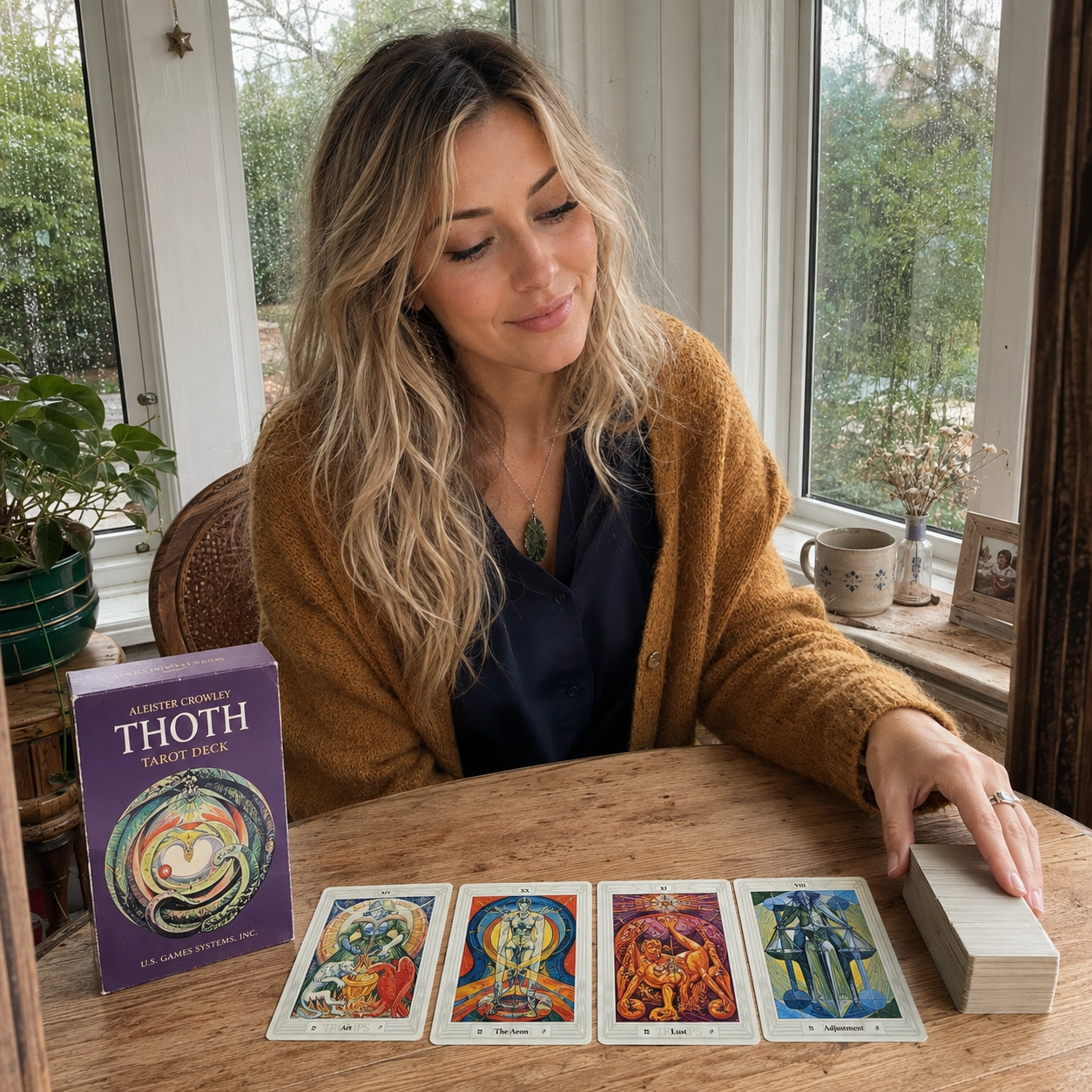 Aurica reading the Thoth Tarot beside its exact-edition box, four face-up cards, and the stacked deck