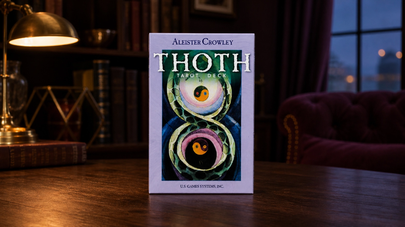 Thoth Tarot Deck by Aleister Crowley and Lady Frieda Harris Generated scene of the Thoth Tarot Deck by Aleister Crowley and Lady Frieda Harris in a blue-hour library