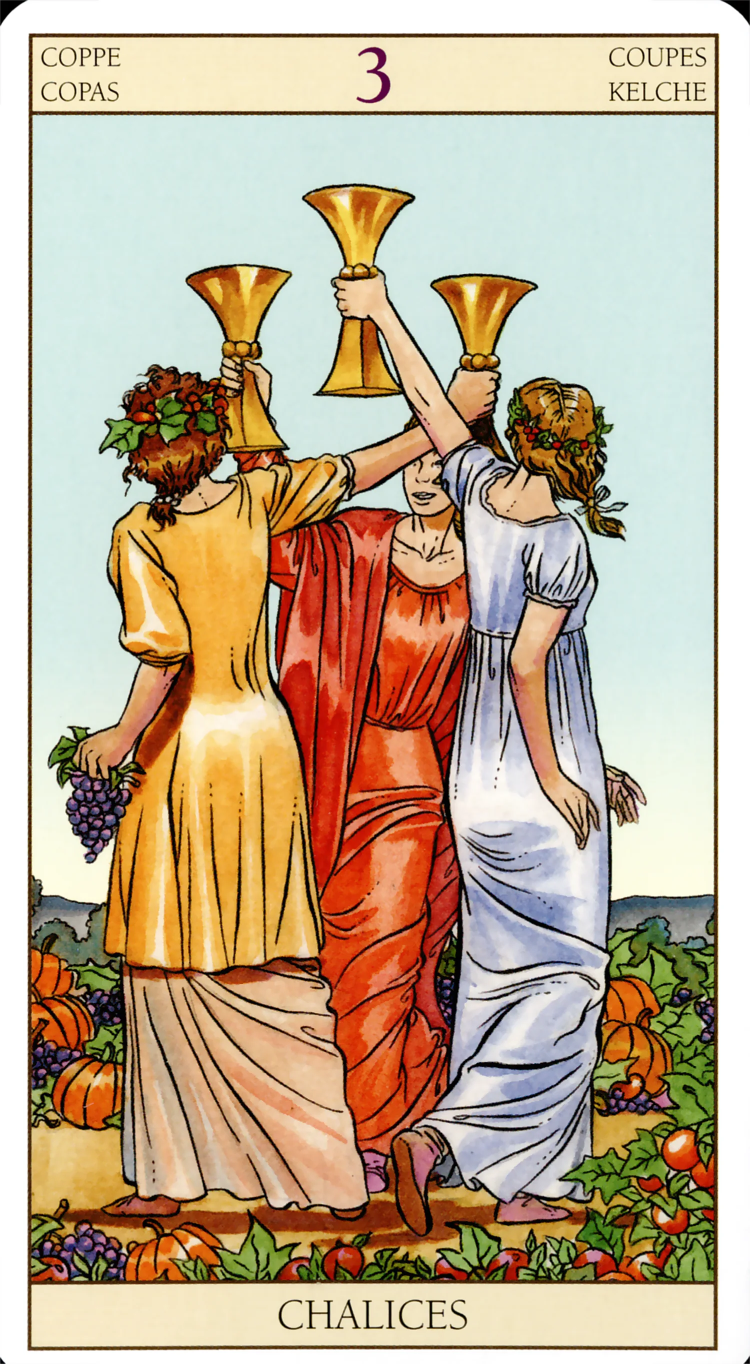 Three of Cups card from the Tarot of the New Vision deck by Lo Scarabeo