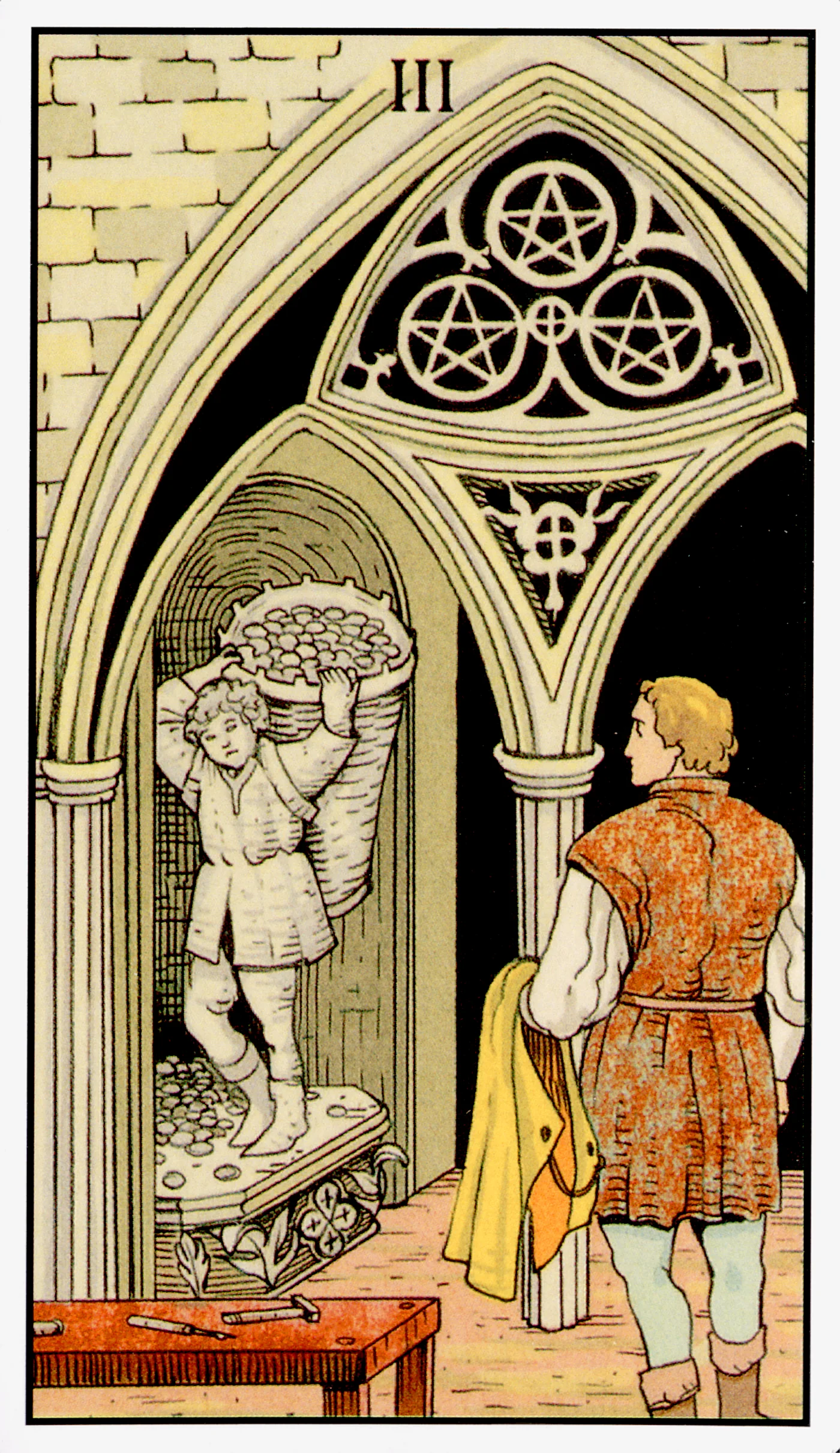 Three of Pentacles card from the After Tarot deck by Lo Scarabeo