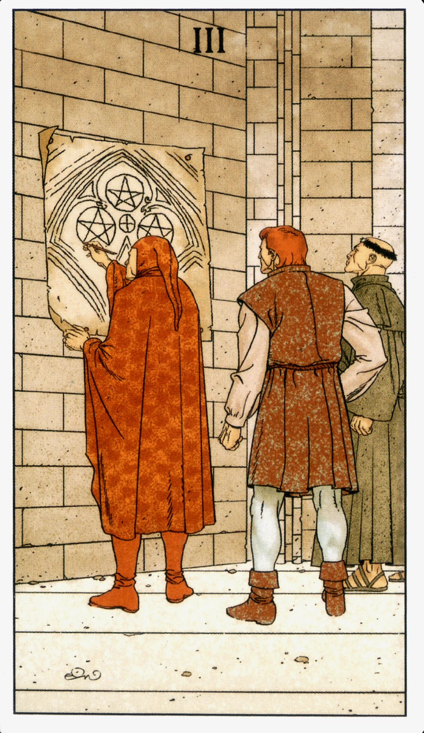 Three of Pentacles card from the Before Tarot deck by Lo Scarabeo