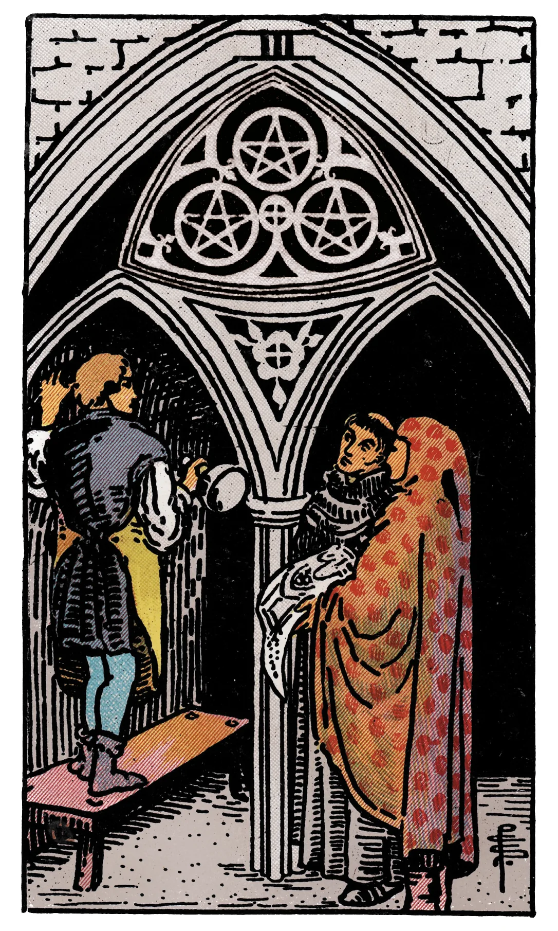 Three of Pentacles card from the Rider-Waite-Smith Tarot deck by Rider