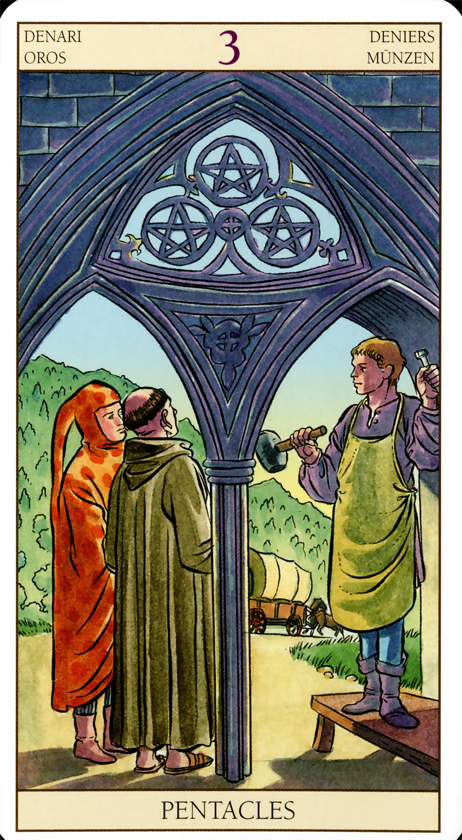Three of Pentacles card from the Tarot of the New Vision deck by Lo Scarabeo