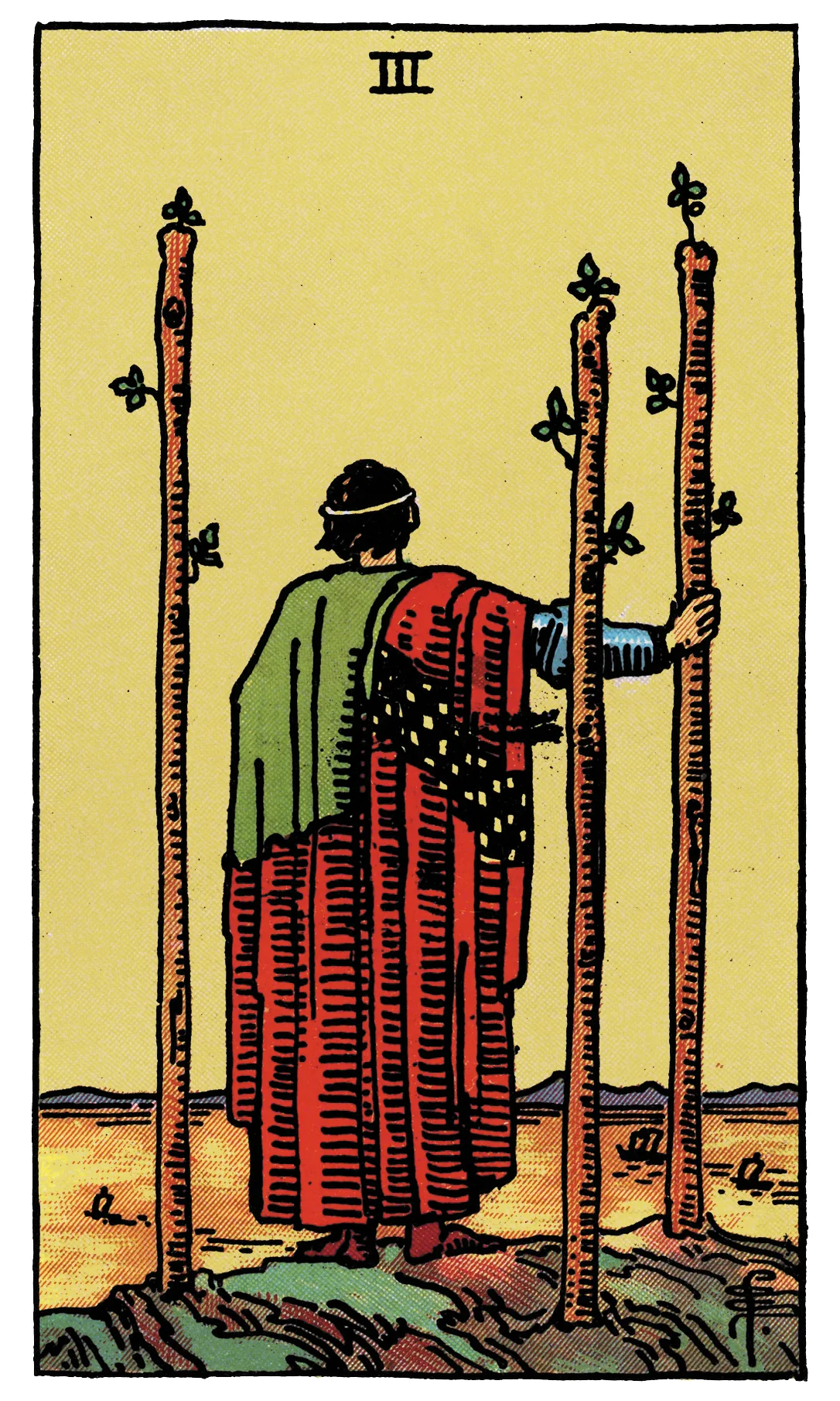 Three of Wands — Rider-Waite-Smith Tarot by Rider Three of Wands card from the Rider-Waite-Smith Tarot deck by Rider