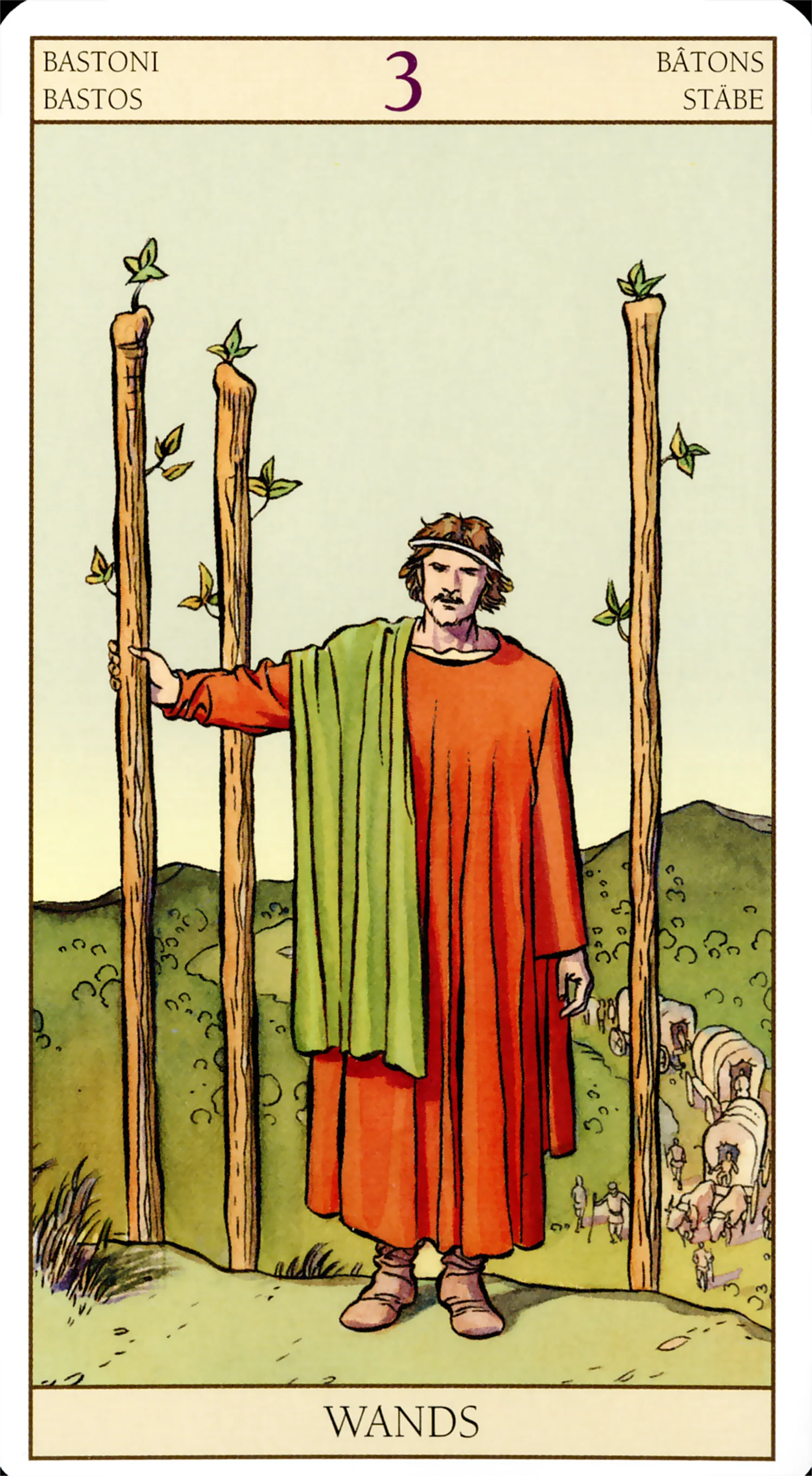 Three of Wands — Tarot of the New Vision by Lo Scarabeo Three of Wands card from the Tarot of the New Vision deck by Lo Scarabeo