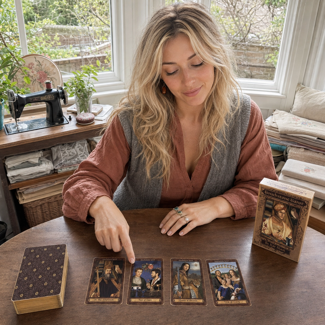 Aurica reading Touchstone Tarot beside its box, a four-card spread, and the stacked deck