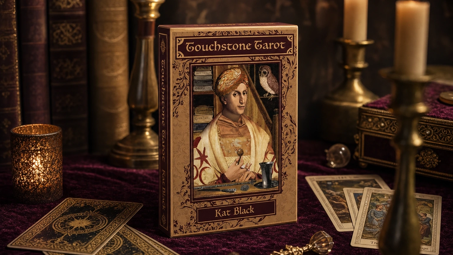 Touchstone Tarot Deck by Kat Black Touchstone Tarot Deck by Kat Black in a candlelit reading scene