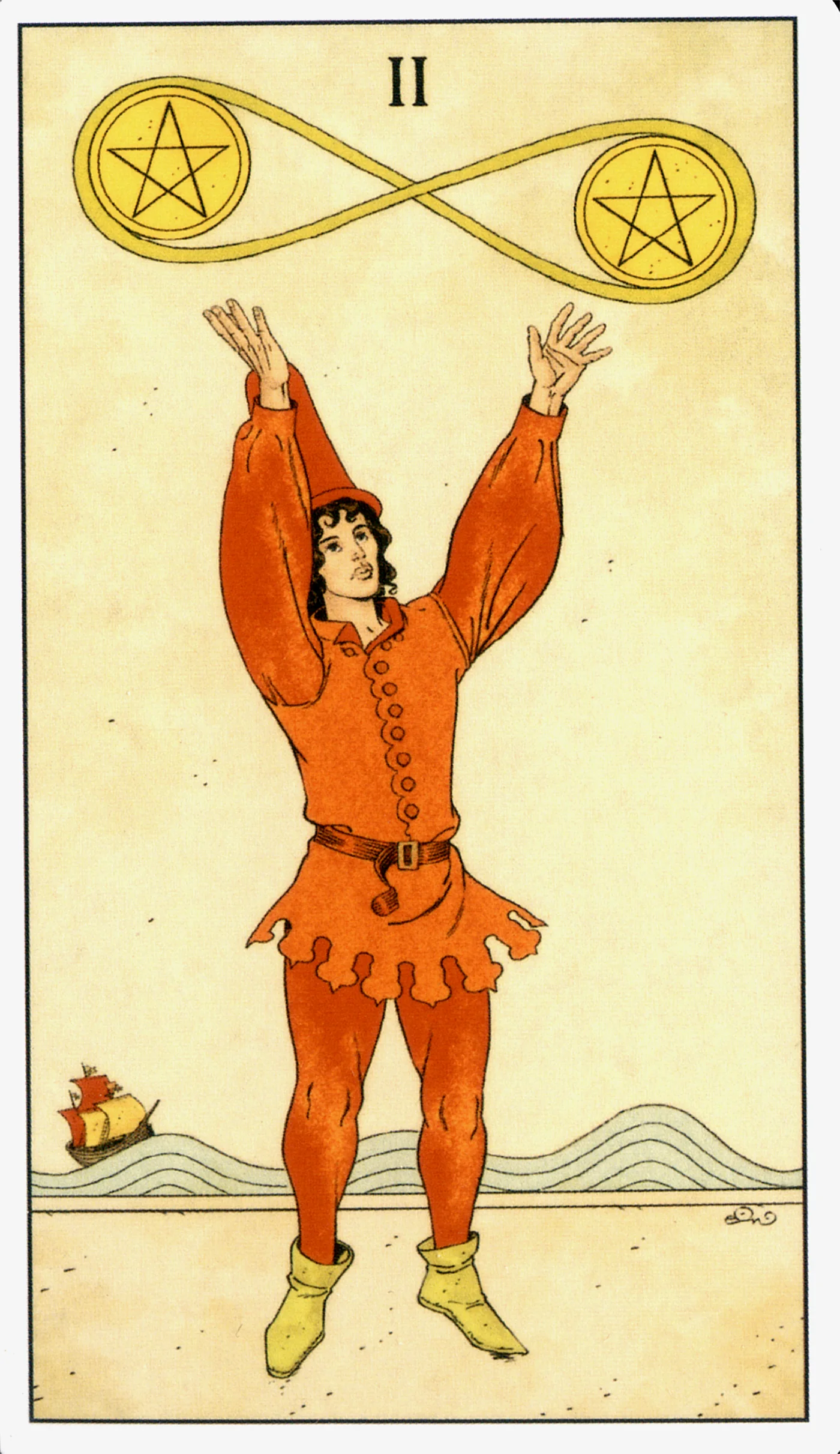 Two of Pentacles card from the Before Tarot deck by Lo Scarabeo