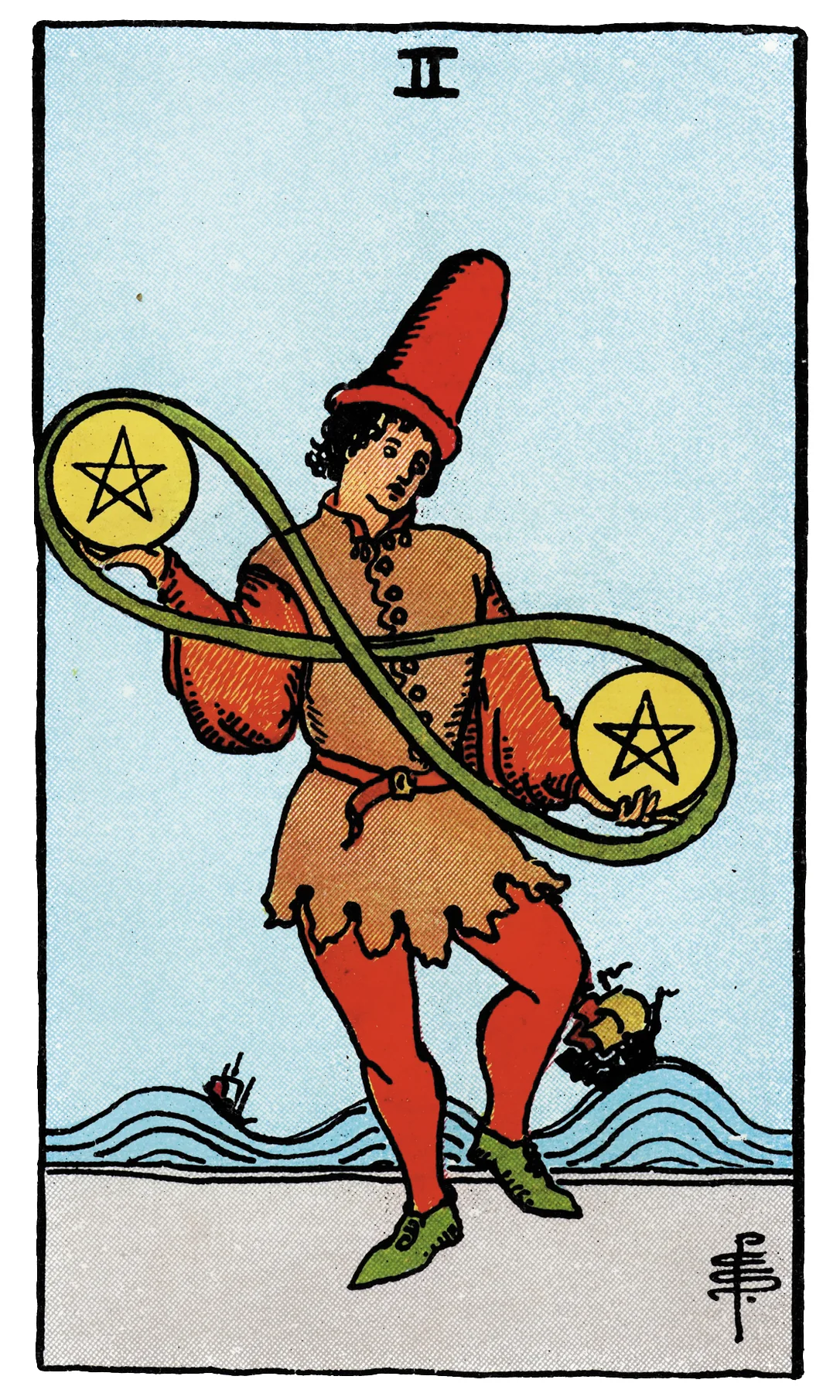 Two of Pentacles card from the Rider-Waite-Smith Tarot deck by Rider