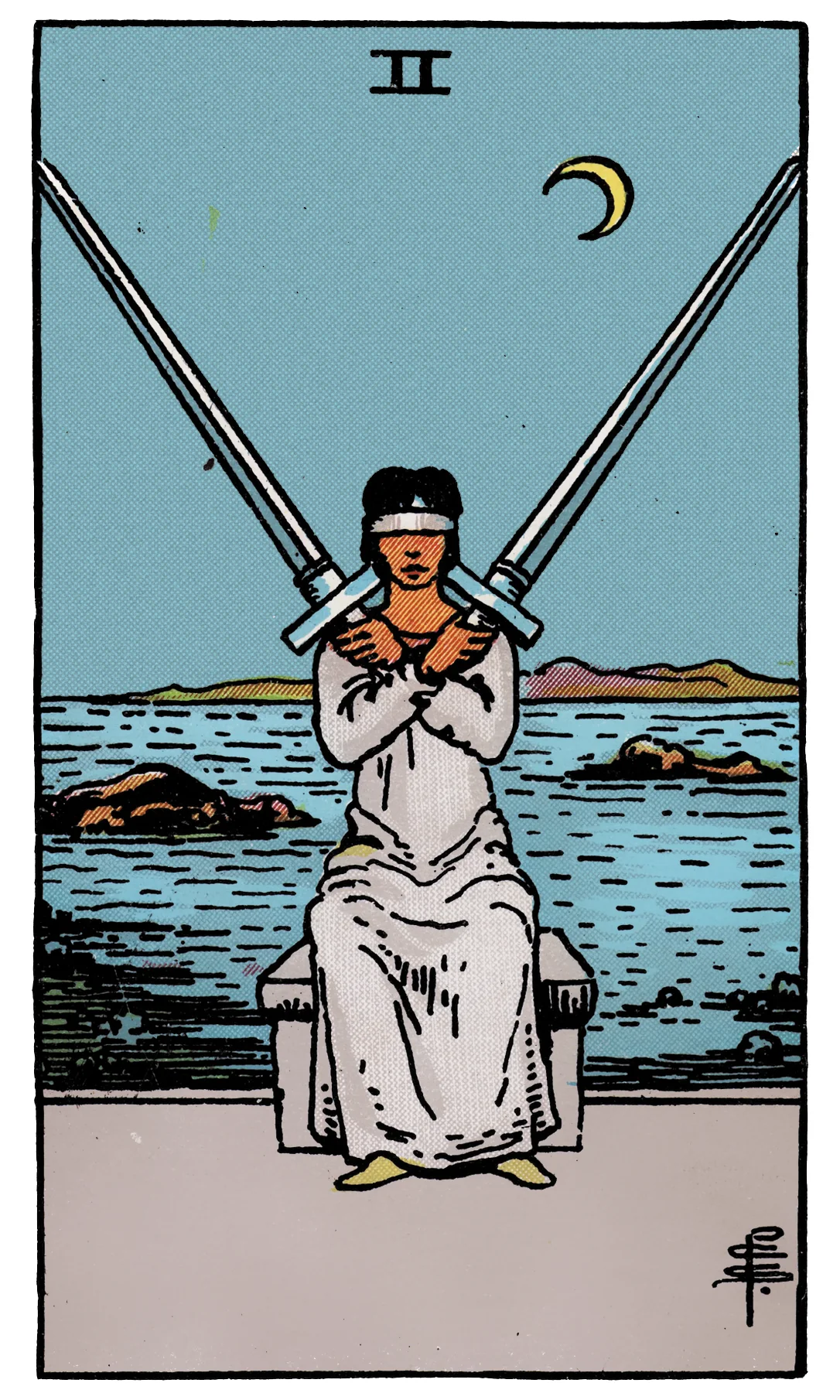Two of Swords — Rider-Waite-Smith Tarot by Rider Two of Swords card from the Rider-Waite-Smith Tarot deck by Rider
