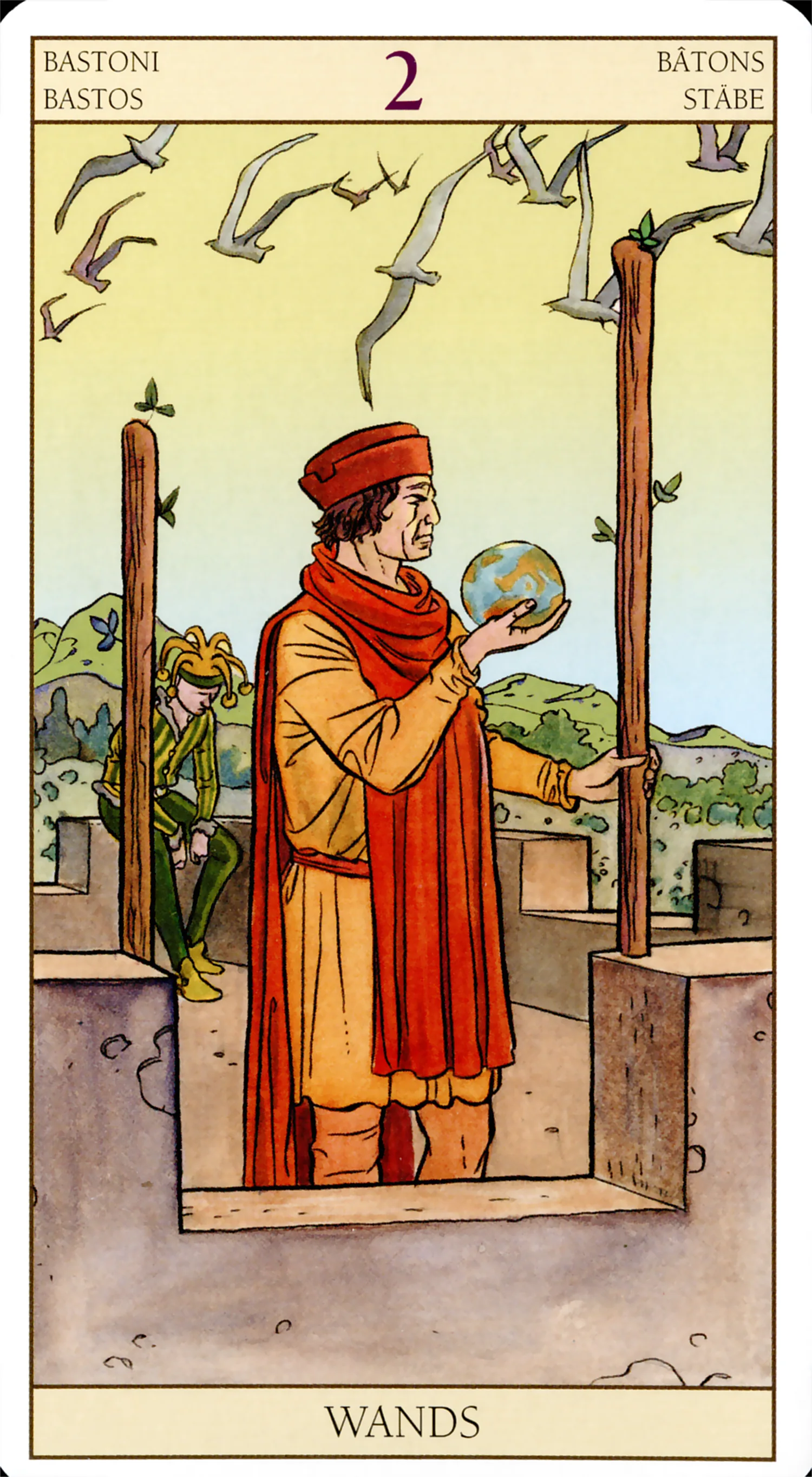 Two of Wands card from the Tarot of the New Vision deck by Lo Scarabeo