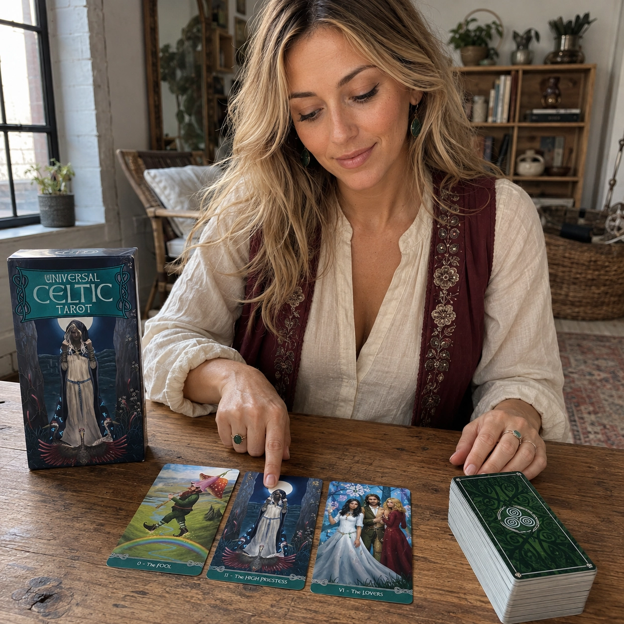 Aurica reading Universal Celtic Tarot beside its box, a three-card spread, and the stacked deck